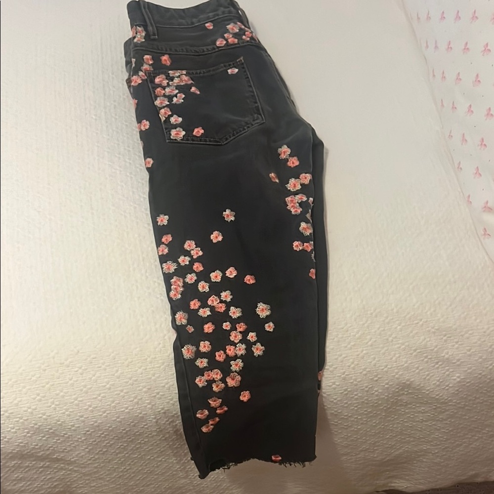 Black and Pink Floral Ankle Cropped Jeans